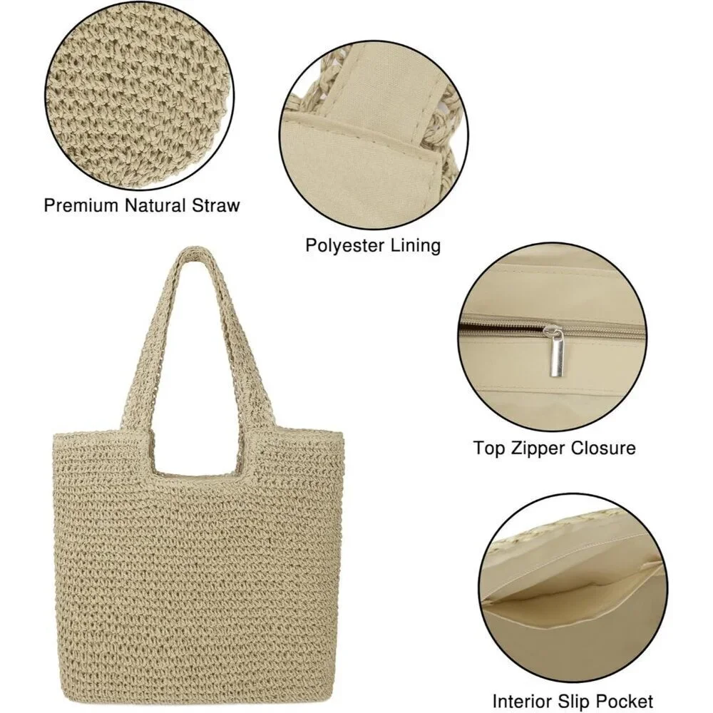 Women's A Beige Large Straw Beach Bag Handmade Woven Shoulder Hobo Tote Handbag - Picture 2 of 6